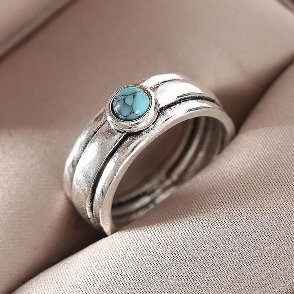 Boho Blue Turquoise Stone Ring Silver Tone Western Chic Sizes 7–11 Gift - Picture 3 of 4